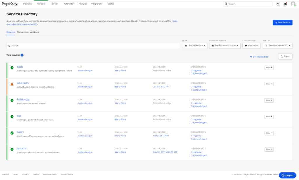 Screenshot of PagerDuty Service Directory page