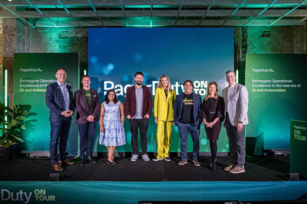 Group photo of PagerDuty executives, moderators, and customer speakers, including Jeremy, Ross, Shilpha, Doug, Katherine, Rodrigo, Natalie, and Jeff