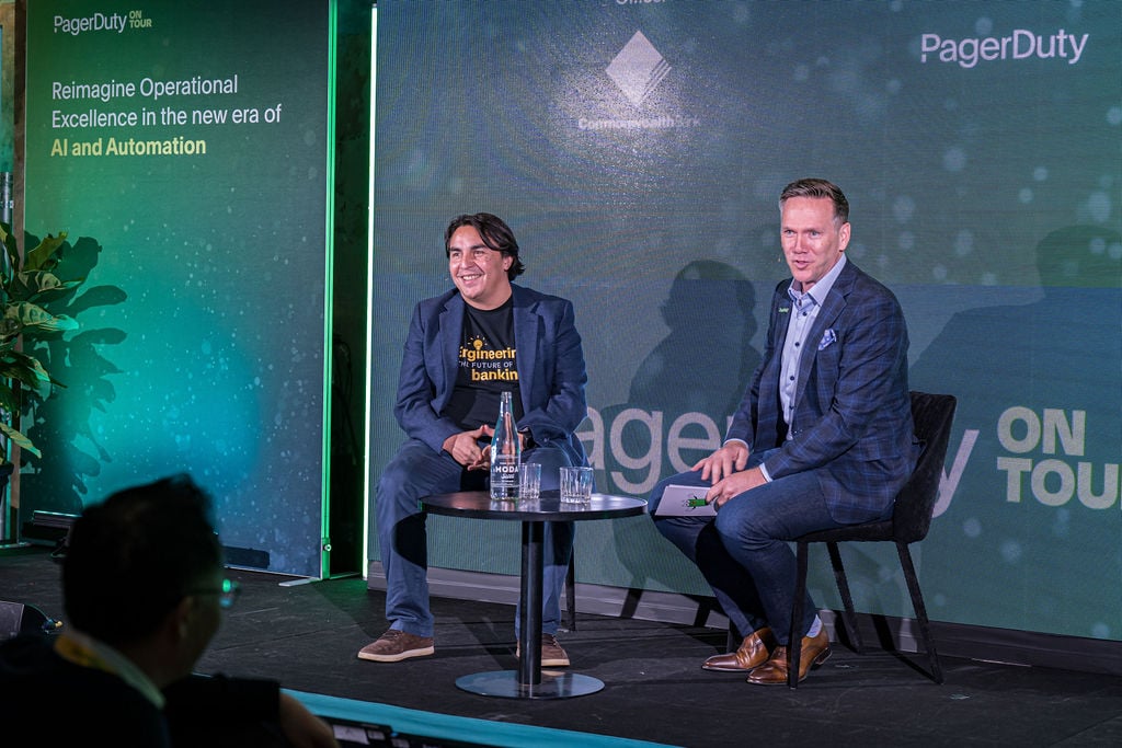 Rodrigo and Jeremy's mainstage fireside chat at PagerDuty on Tour, Sydney 2024, discussing key industry insights