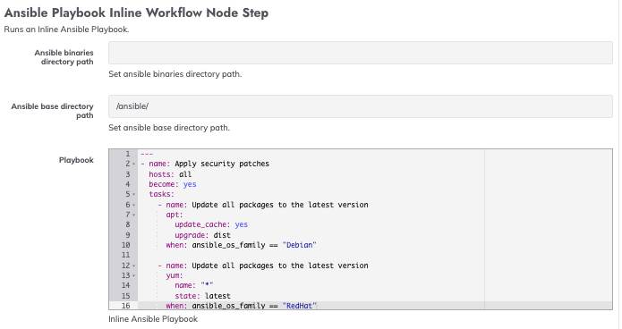 Ansible inline playbook to apply security patches.