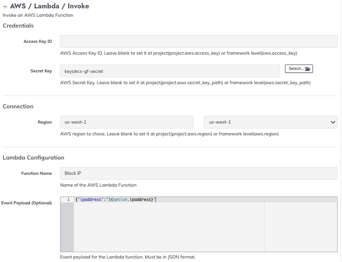 Lambda invocation plugin, with keystore and parameter configuration.