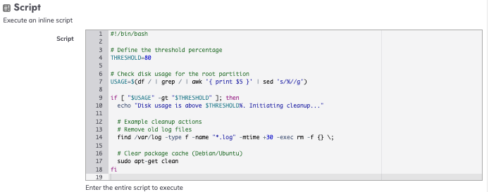 Inline bash script containing an automation of the manual tasks to optimize the local storage